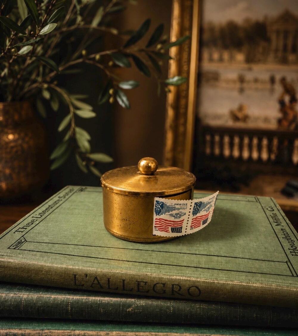 Vintage Solid Brass Stamp Dispenser with Lid, Desktop Postage Stamp Holder